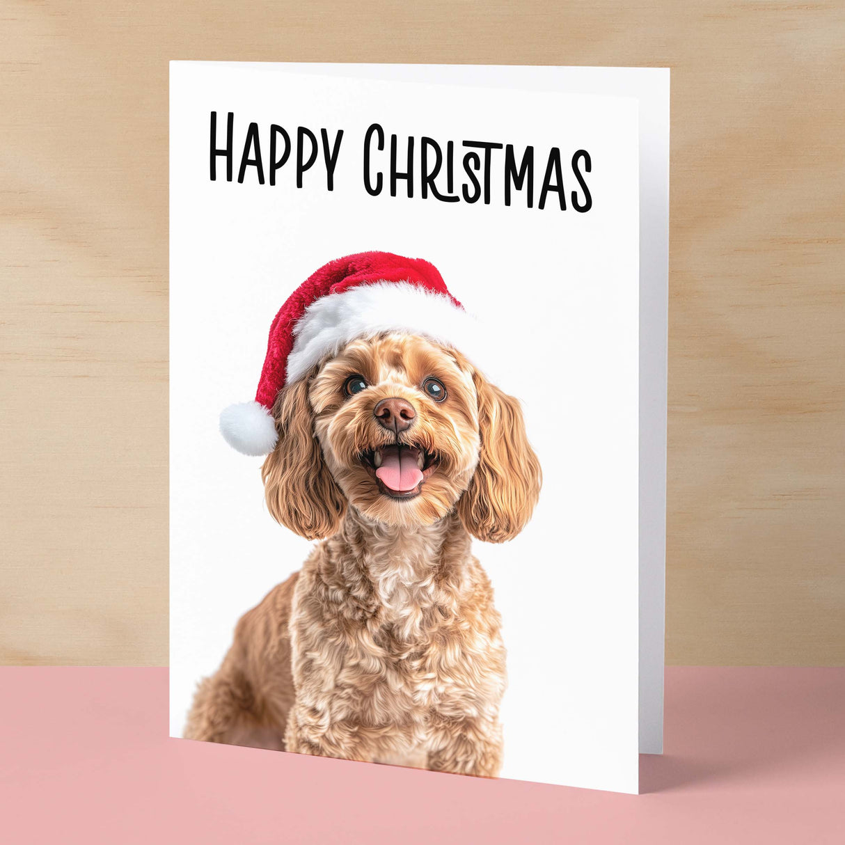 Fun Christmas Card of a Cockerpoo Dog Wearing A Santa Hat Whimsical Christmas Card For Animal Lover For Him or Her