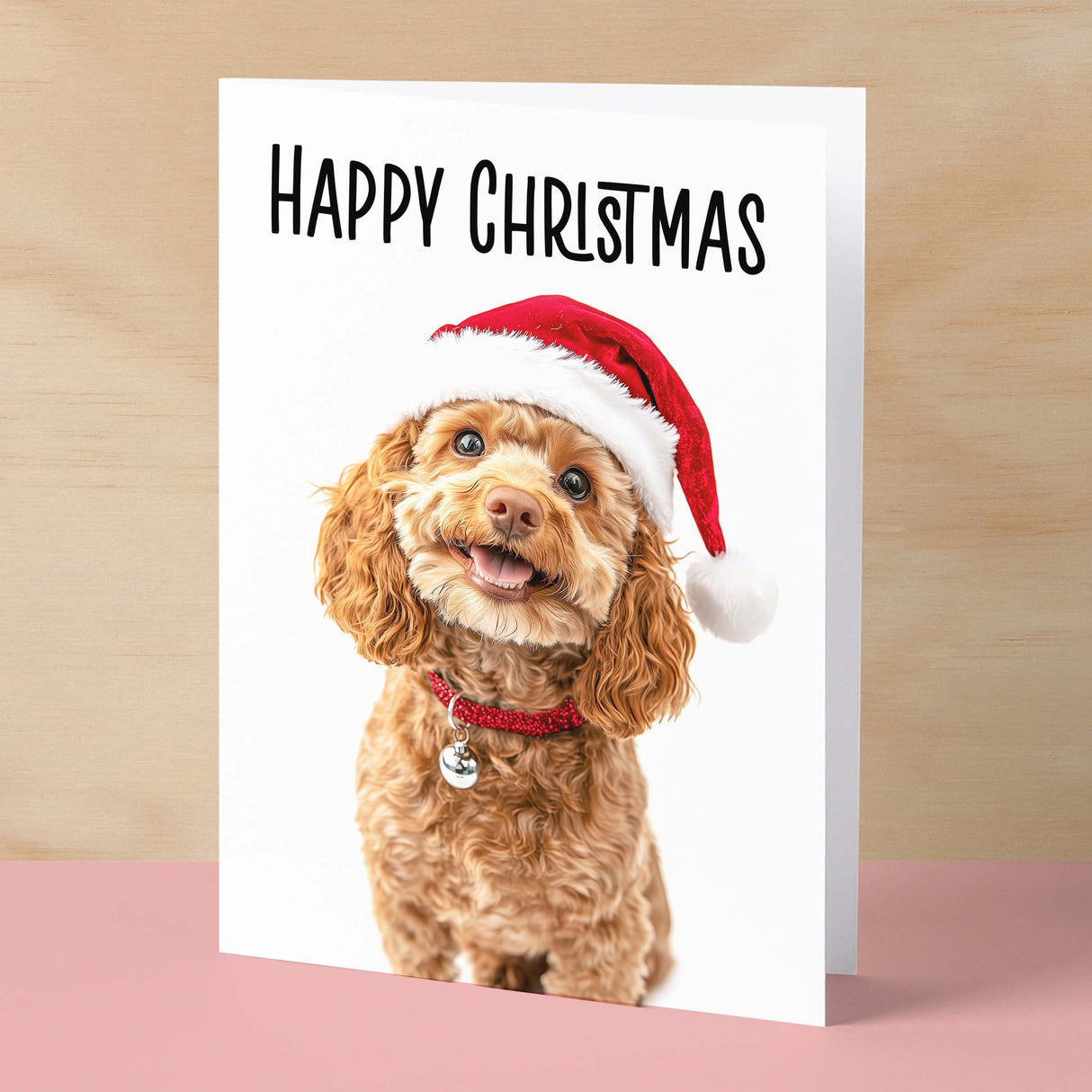 Fun Christmas Card of a Cavapoo Dog Wearing A Santa Hat Whimsical Christmas Card For Animal Lover For Him or Her