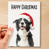 Fun Christmas Card of a Collie Dog Wearing A Santa Hat Whimsical Christmas Card For Animal Lover For Him or Her