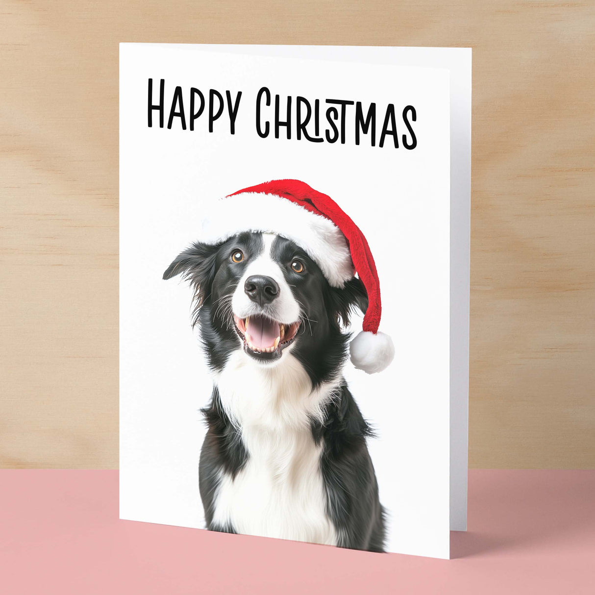 Fun Christmas Card of a Collie Dog Wearing A Santa Hat Whimsical Christmas Card For Animal Lover For Him or Her