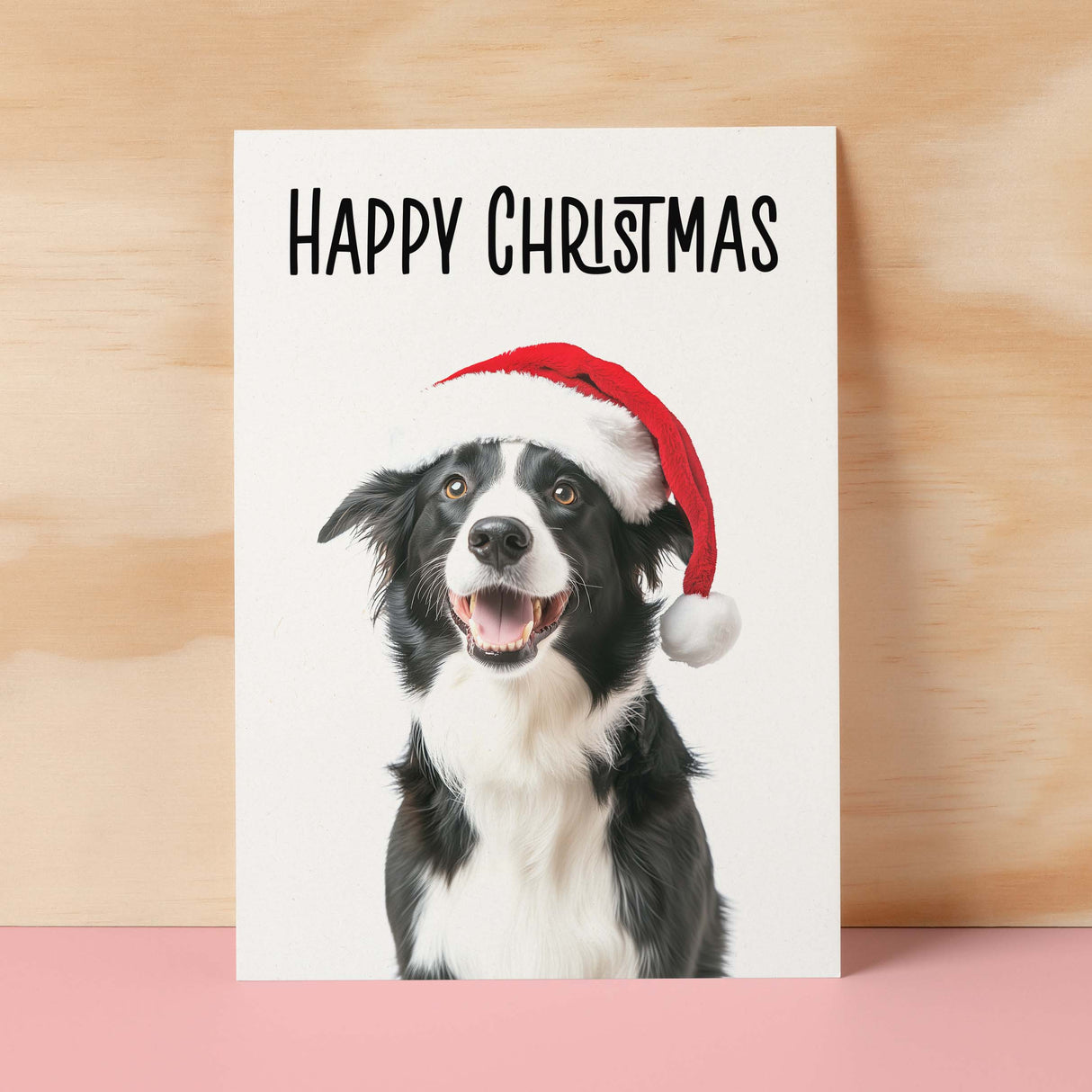 Fun Christmas Card of a Collie Dog Wearing A Santa Hat Whimsical Christmas Card For Animal Lover For Him or Her