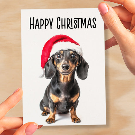 Fun Christmas Card of a Dachshund Dog Wearing A Santa Hat Whimsical Christmas Card For Animal Lover For Him or Her