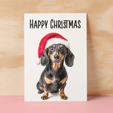 Fun Christmas Card of a Dachshund Dog Wearing A Santa Hat Whimsical Christmas Card For Animal Lover For Him or Her