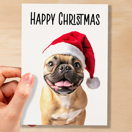 Fun Christmas Card of a French Bulldog Wearing A Santa Hat Whimsical Christmas Card For Animal Lover For Him or Her