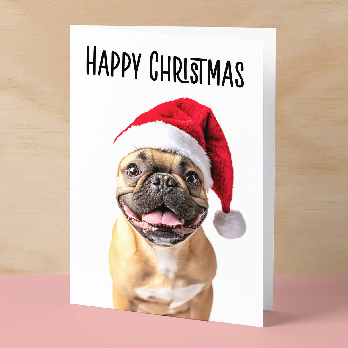 Fun Christmas Card of a French Bulldog Wearing A Santa Hat Whimsical Christmas Card For Animal Lover For Him or Her