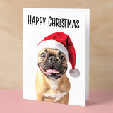 Fun Christmas Card of a French Bulldog Wearing A Santa Hat Whimsical Christmas Card For Animal Lover For Him or Her