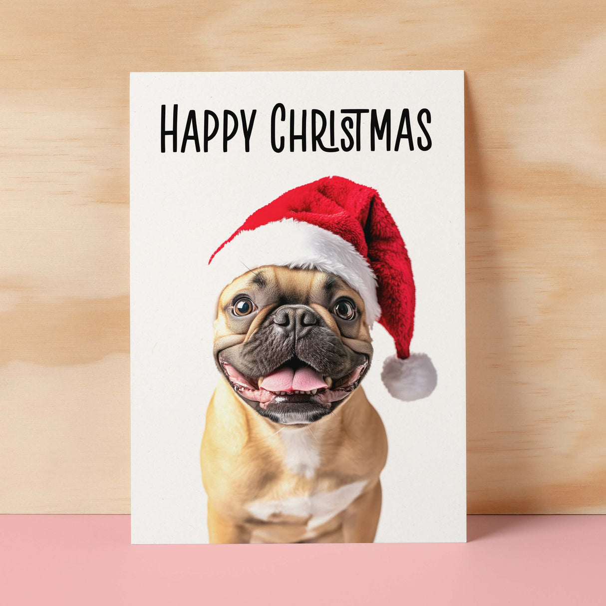 Fun Christmas Card of a French Bulldog Wearing A Santa Hat Whimsical Christmas Card For Animal Lover For Him or Her