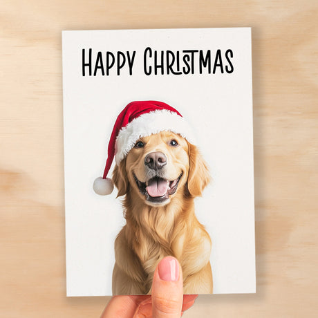 Fun Christmas Card of a Golden Retriever Dog Wearing A Santa Hat Whimsical Christmas Card For Animal Lover For Him or Her