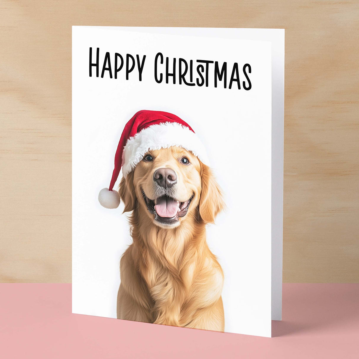 Fun Christmas Card of a Golden Retriever Dog Wearing A Santa Hat Whimsical Christmas Card For Animal Lover For Him or Her