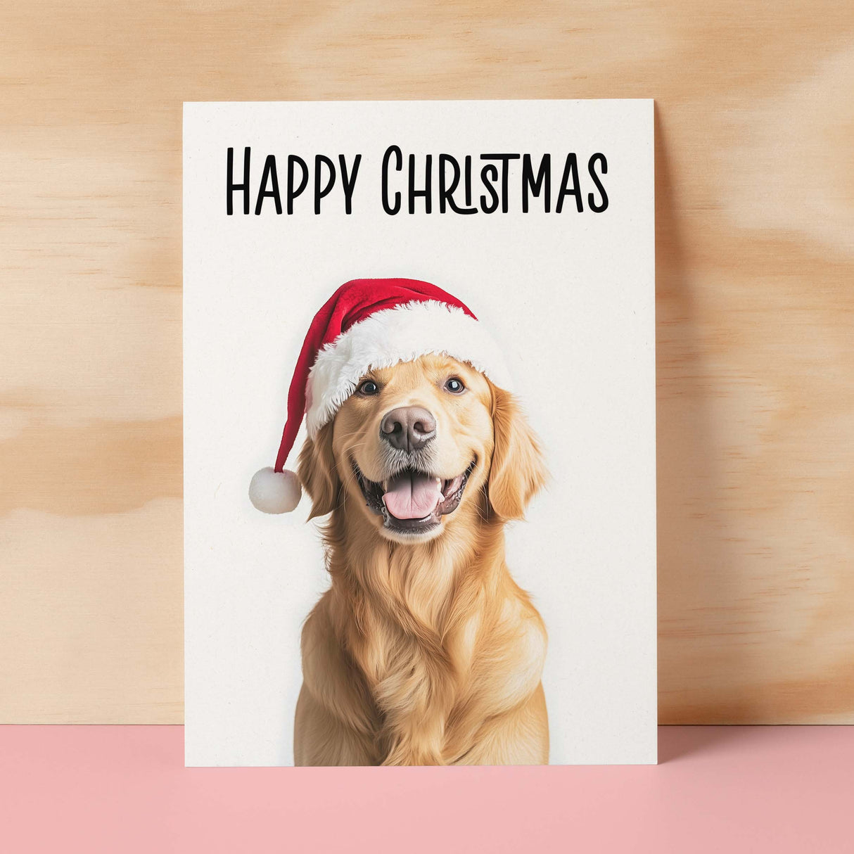 Fun Christmas Card of a Golden Retriever Dog Wearing A Santa Hat Whimsical Christmas Card For Animal Lover For Him or Her