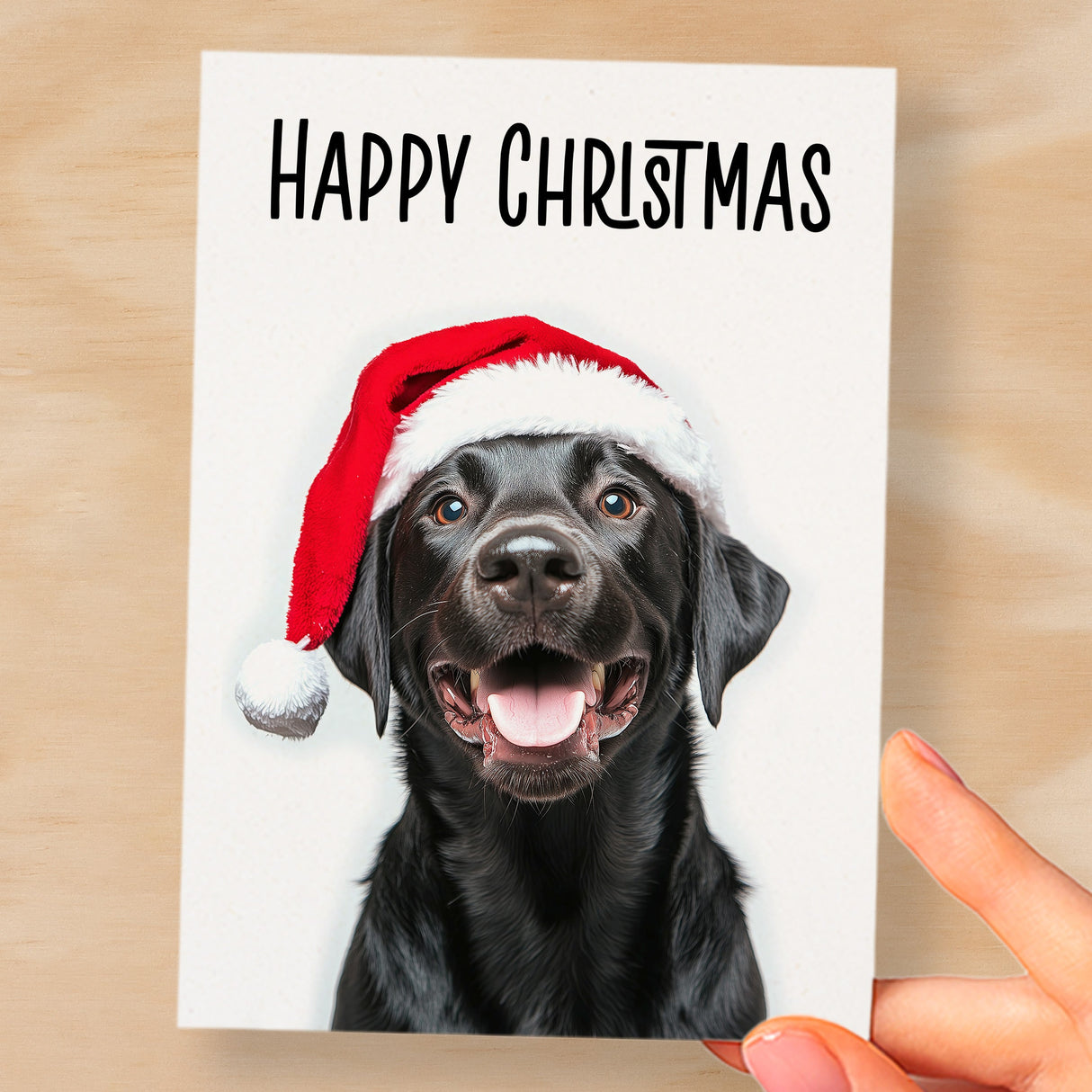 Fun Christmas Card of a Black Labrador Dog Wearing A Santa Hat Whimsical Christmas Card For Animal Lover For Him or Her