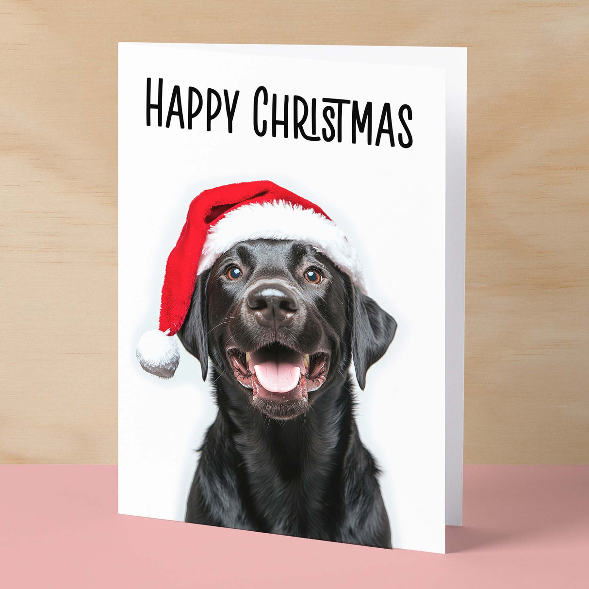 Fun Christmas Card of a Black Labrador Dog Wearing A Santa Hat Whimsical Christmas Card For Animal Lover For Him or Her