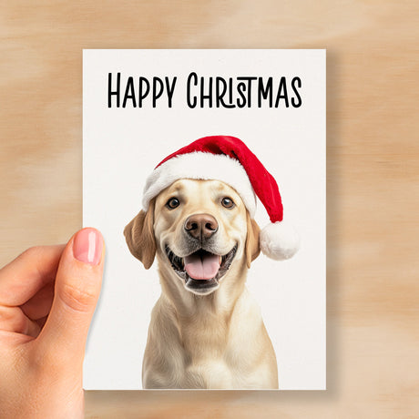 Fun Christmas Card of a Golden Labrador Dog Wearing A Santa Hat Whimsical Christmas Card For Animal Lover For Him or Her