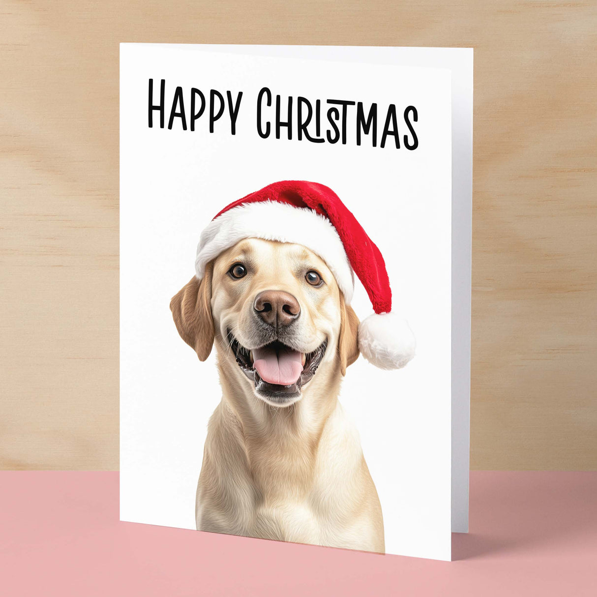 Fun Christmas Card of a Golden Labrador Dog Wearing A Santa Hat Whimsical Christmas Card For Animal Lover For Him or Her