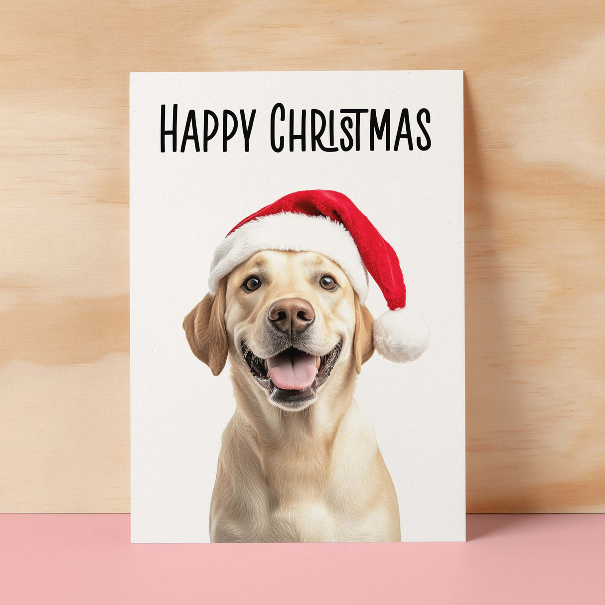 Fun Christmas Card of a Golden Labrador Dog Wearing A Santa Hat Whimsical Christmas Card For Animal Lover For Him or Her