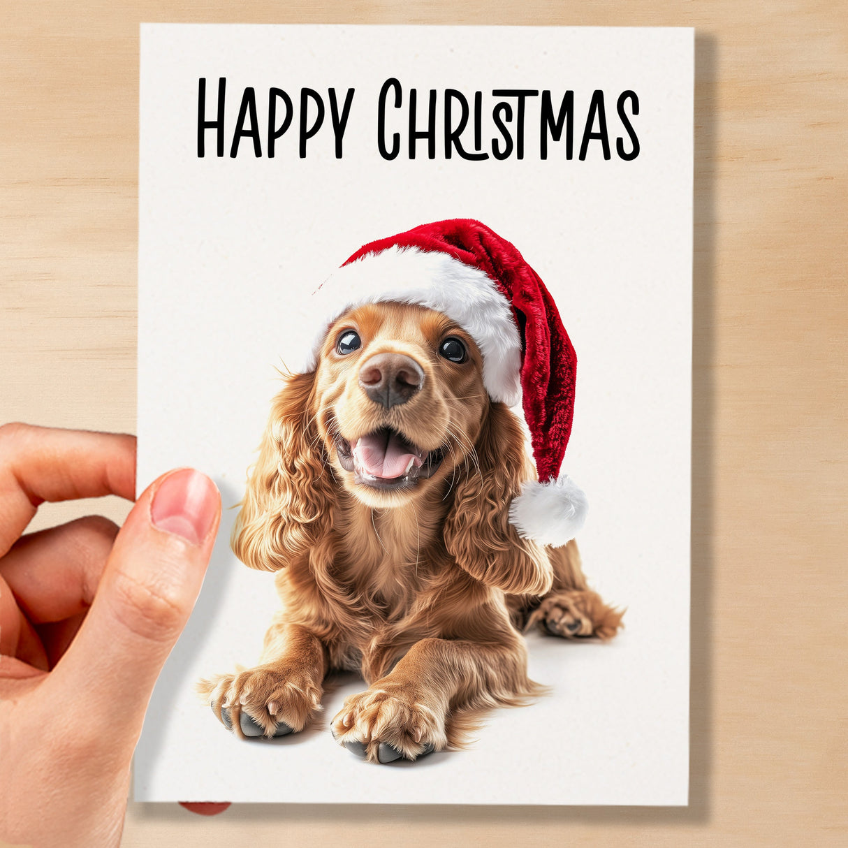 Fun Christmas Card of a Red Cocker Spaniel Dog Wearing A Santa Hat Whimsical Christmas Card For Animal Lover For Him or Her