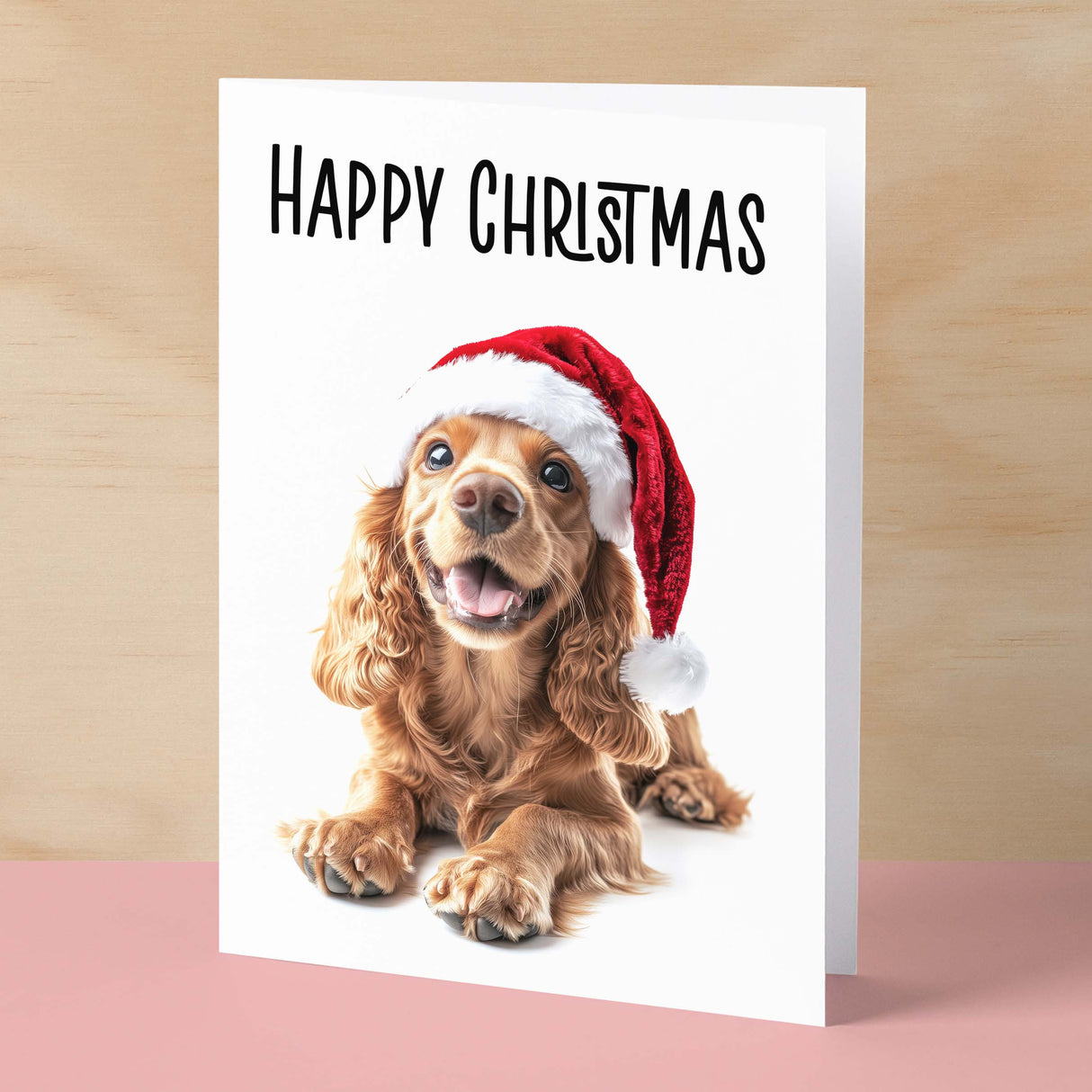 Fun Christmas Card of a Red Cocker Spaniel Dog Wearing A Santa Hat Whimsical Christmas Card For Animal Lover For Him or Her