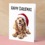 Fun Christmas Card of a Red Cocker Spaniel Dog Wearing A Santa Hat Whimsical Christmas Card For Animal Lover For Him or Her