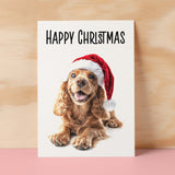 Fun Christmas Card of a Red Cocker Spaniel Dog Wearing A Santa Hat Whimsical Christmas Card For Animal Lover For Him or Her