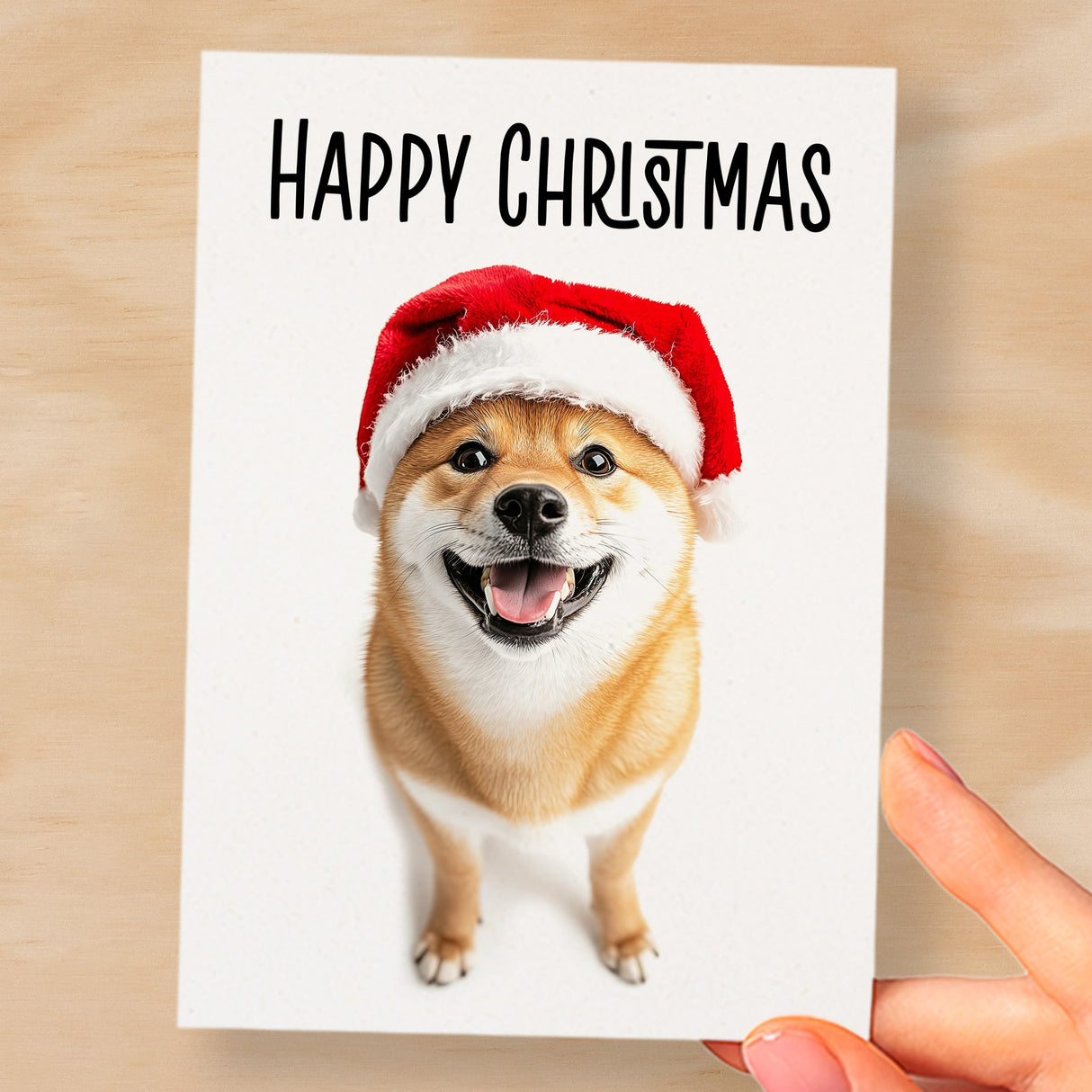 Fun Christmas Card of a Shiba Inu Dog Wearing A Santa Hat Whimsical Christmas Card For Animal Lover For Him or Her