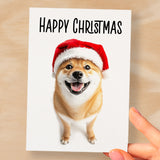 Fun Christmas Card of a Shiba Inu Dog Wearing A Santa Hat Whimsical Christmas Card For Animal Lover For Him or Her