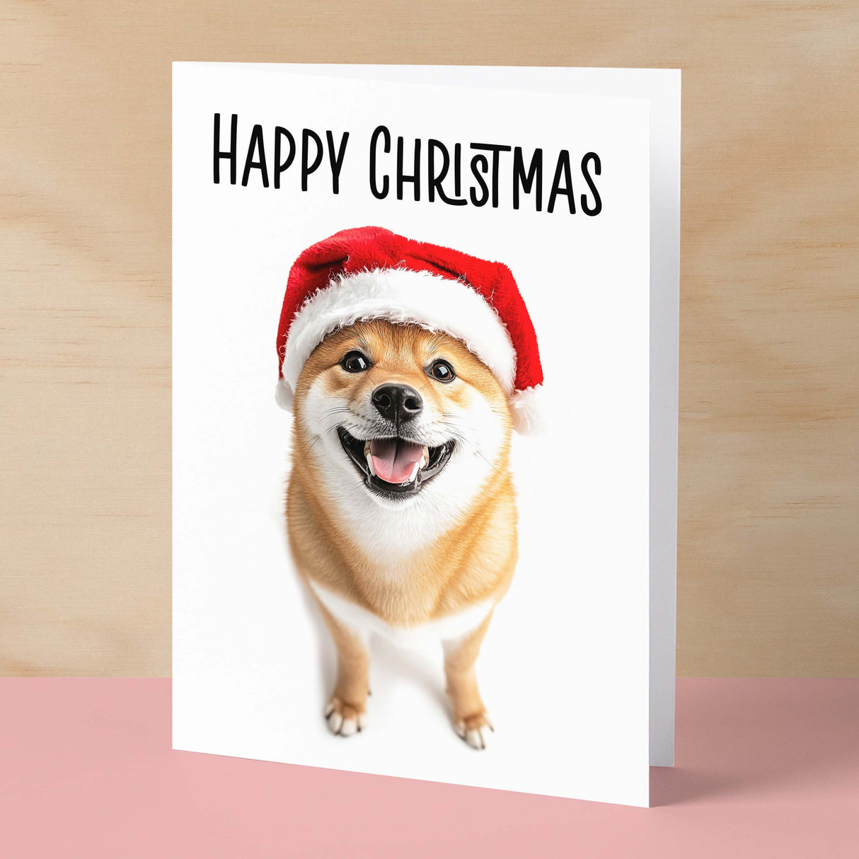 Fun Christmas Card of a Shiba Inu Dog Wearing A Santa Hat Whimsical Christmas Card For Animal Lover For Him or Her