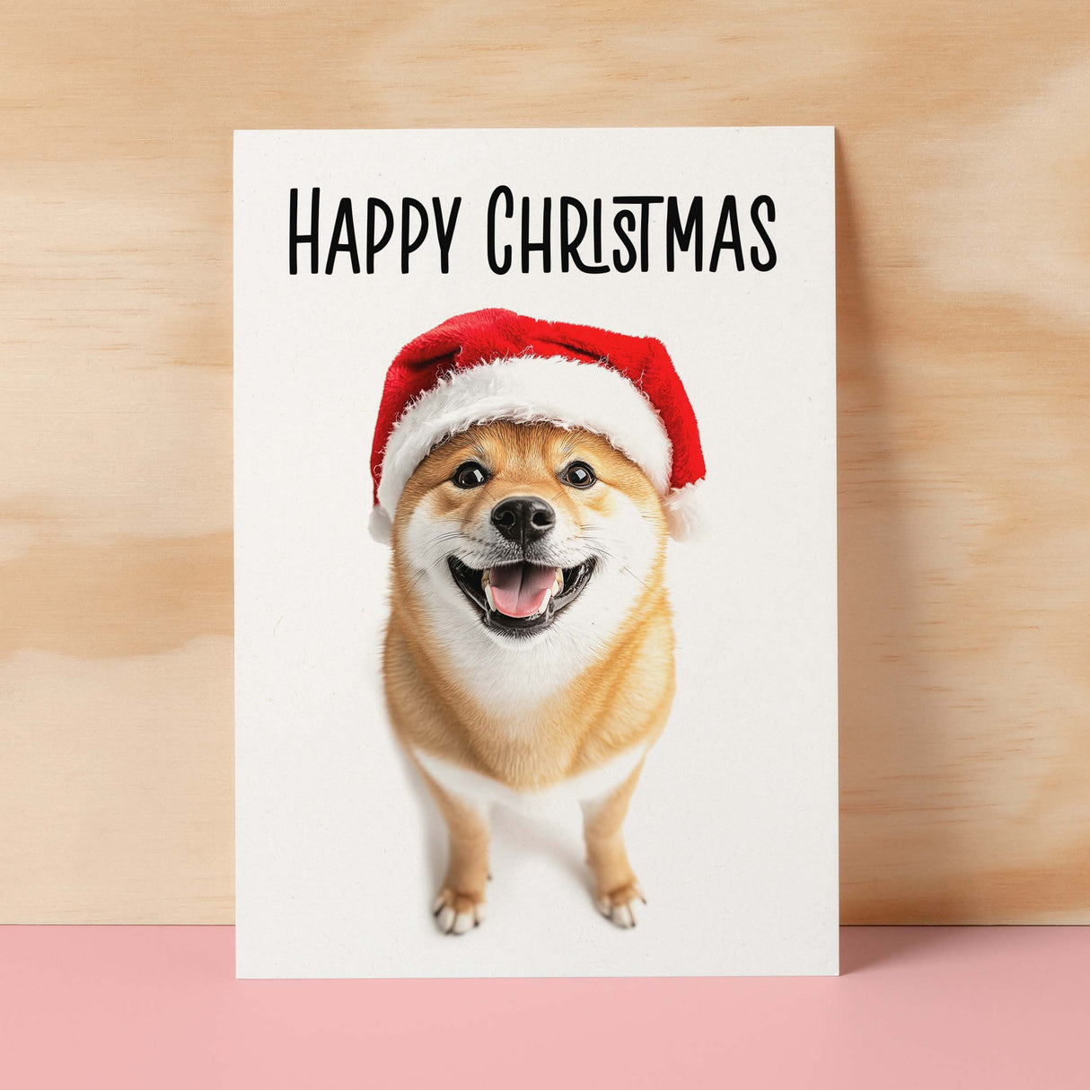 Fun Christmas Card of a Shiba Inu Dog Wearing A Santa Hat Whimsical Christmas Card For Animal Lover For Him or Her