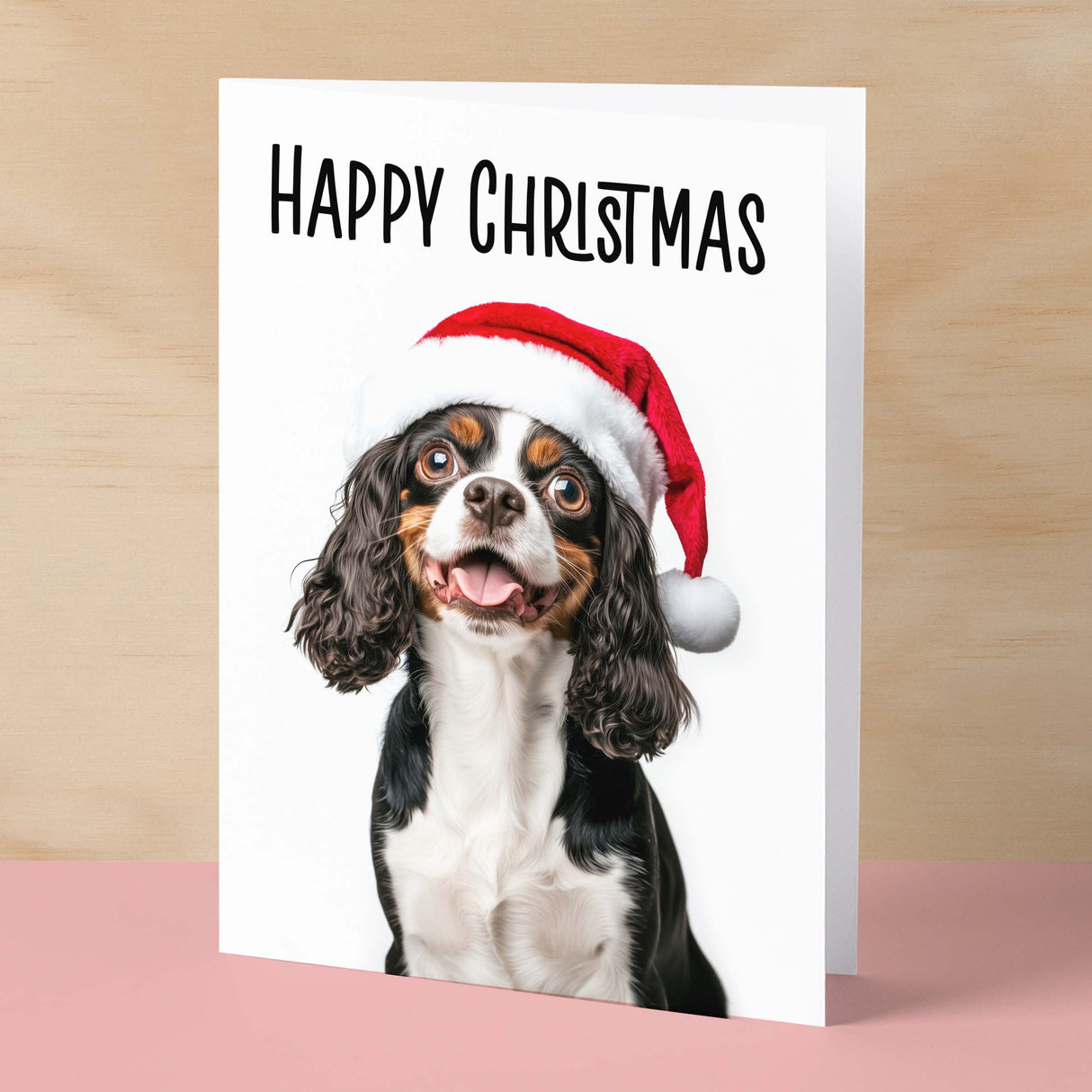 Fun Christmas Card of a Cavalier Spaniel Dog Wearing A Santa Hat Whimsical Christmas Card For Animal Lover For Him or Her