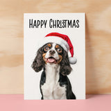 Fun Christmas Card of a Cavalier Spaniel Dog Wearing A Santa Hat Whimsical Christmas Card For Animal Lover For Him or Her