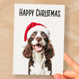 Fun Christmas Card of a Springer Spaniel Dog Wearing A Santa Hat Whimsical Christmas Card For Animal Lover For Him or Her