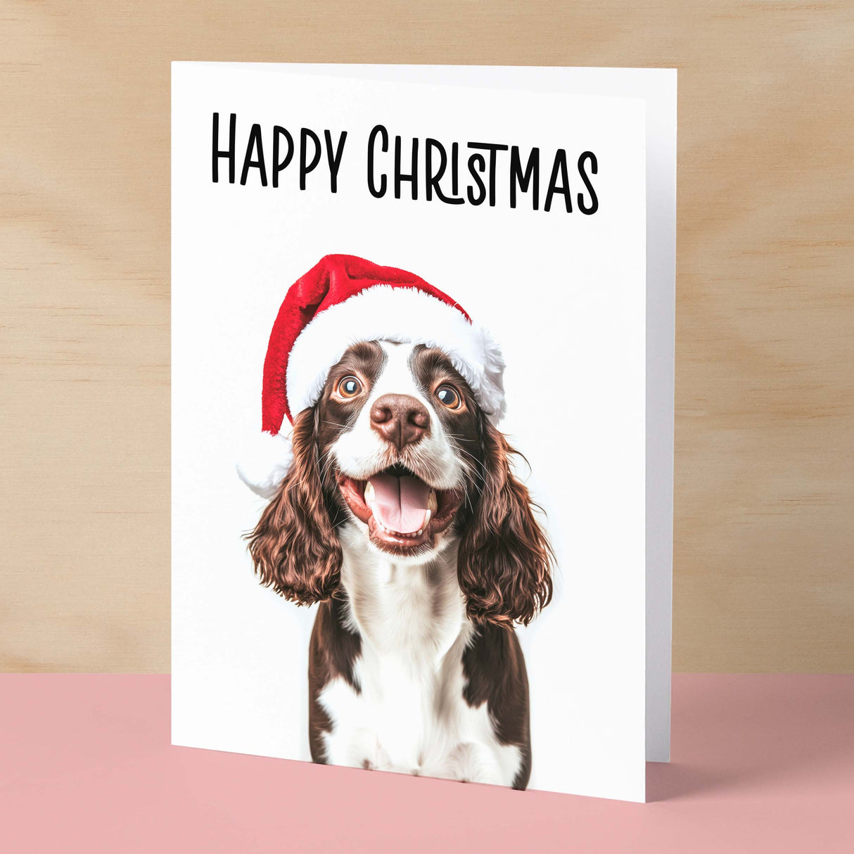 Fun Christmas Card of a Springer Spaniel Dog Wearing A Santa Hat Whimsical Christmas Card For Animal Lover For Him or Her