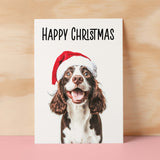 Fun Christmas Card of a Springer Spaniel Dog Wearing A Santa Hat Whimsical Christmas Card For Animal Lover For Him or Her