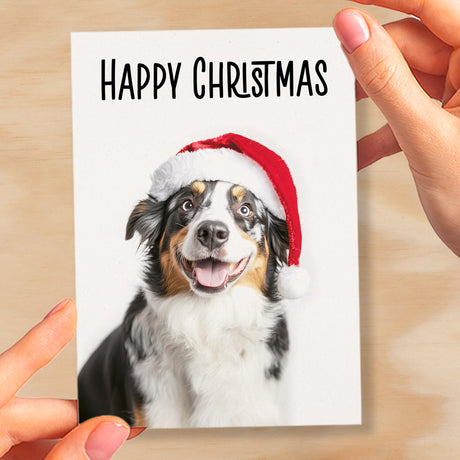 Fun Christmas Card of a Australian Shepherd Dog Wearing A Santa Hat Whimsical Christmas Card For Animal Lover For Him or Her