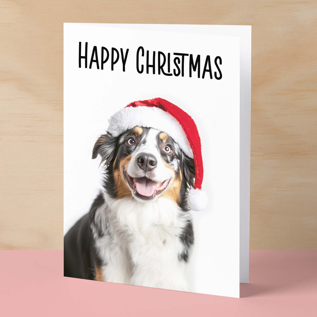 Fun Christmas Card of a Australian Shepherd Dog Wearing A Santa Hat Whimsical Christmas Card For Animal Lover For Him or Her