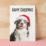 Fun Christmas Card of a Australian Shepherd Dog Wearing A Santa Hat Whimsical Christmas Card For Animal Lover For Him or Her