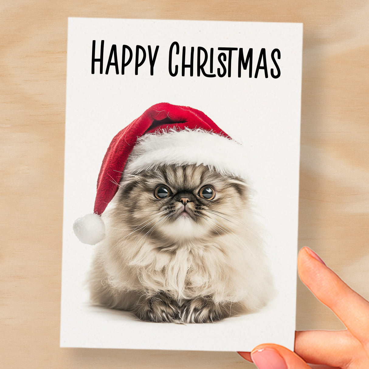 Fun Christmas Card of a Persian Cat Wearing A Santa Hat Whimsical Christmas Card For Animal Lover For Him or Her