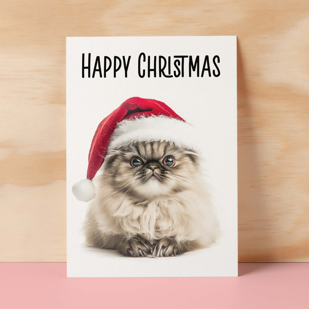 Fun Christmas Card of a Persian Cat Wearing A Santa Hat Whimsical Christmas Card For Animal Lover For Him or Her