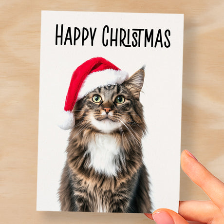 Fun Christmas Card of a Maine Coon Cat Wearing A Santa Hat Whimsical Christmas Card For Animal Lover For Him or Her