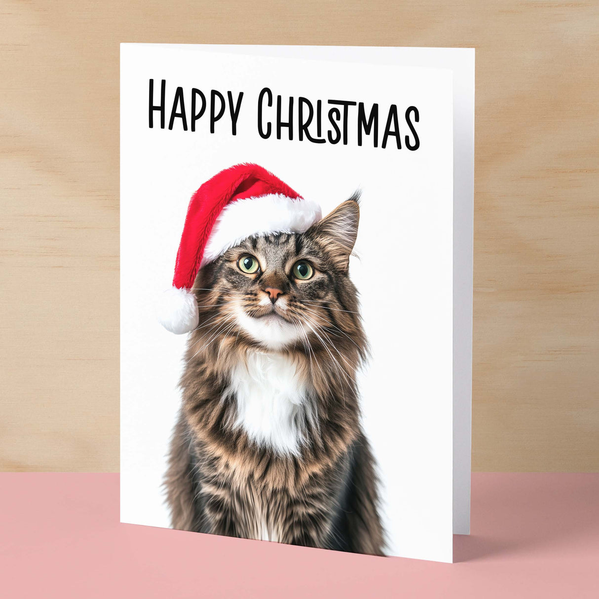 Fun Christmas Card of a Maine Coon Cat Wearing A Santa Hat Whimsical Christmas Card For Animal Lover For Him or Her