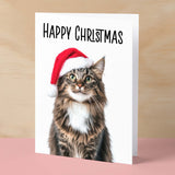 Fun Christmas Card of a Maine Coon Cat Wearing A Santa Hat Whimsical Christmas Card For Animal Lover For Him or Her