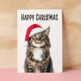 Fun Christmas Card of a Maine Coon Cat Wearing A Santa Hat Whimsical Christmas Card For Animal Lover For Him or Her