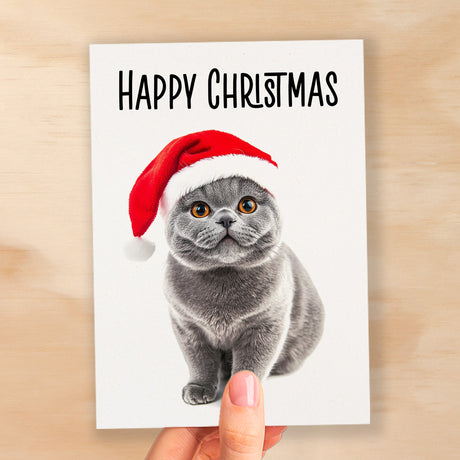 Fun Christmas Card of a British Shorthair Cat Wearing A Santa Hat Whimsical Christmas Card For Animal Lover For Him or Her