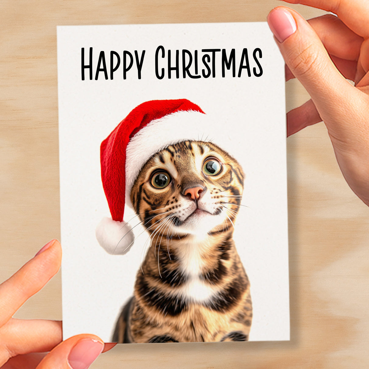 Fun Christmas Card of a Bengal Cat Wearing A Santa Hat Whimsical Christmas Card For Animal Lover For Him or Her