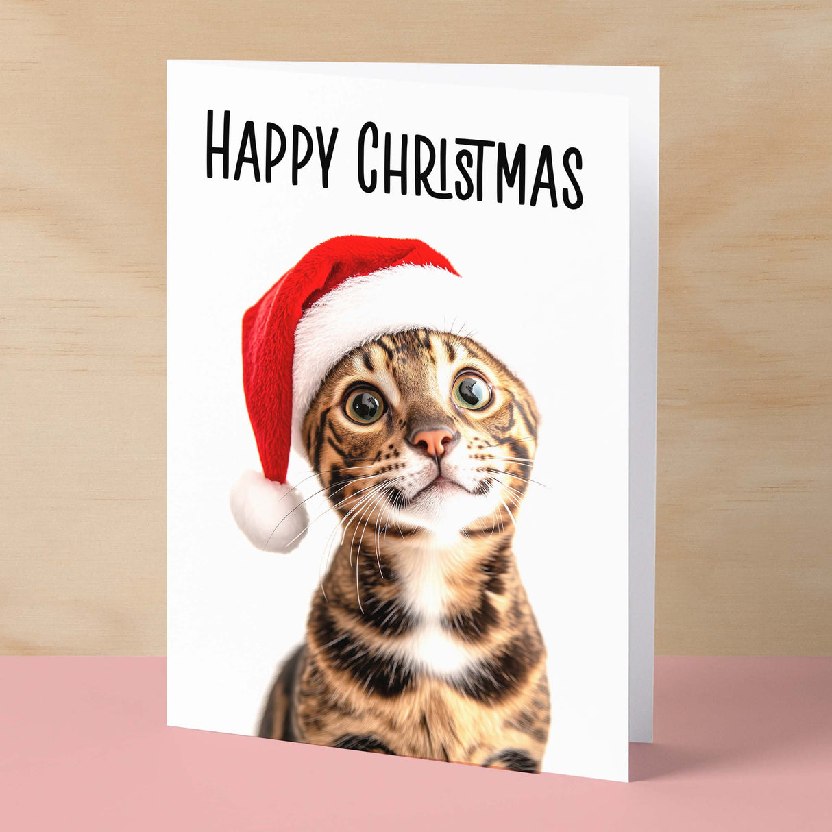 Fun Christmas Card of a Bengal Cat Wearing A Santa Hat Whimsical Christmas Card For Animal Lover For Him or Her