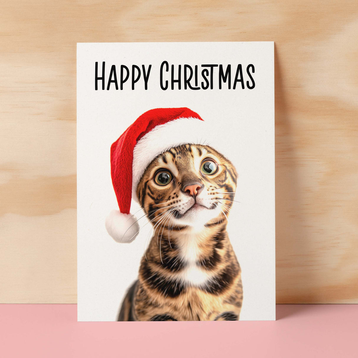 Fun Christmas Card of a Bengal Cat Wearing A Santa Hat Whimsical Christmas Card For Animal Lover For Him or Her