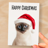 Fun Christmas Card of a Siamese Cat Wearing A Santa Hat Whimsical Christmas Card For Animal Lover For Him or Her