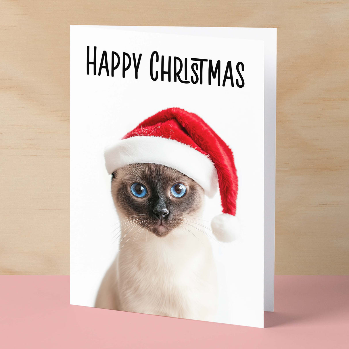 Fun Christmas Card of a Siamese Cat Wearing A Santa Hat Whimsical Christmas Card For Animal Lover For Him or Her