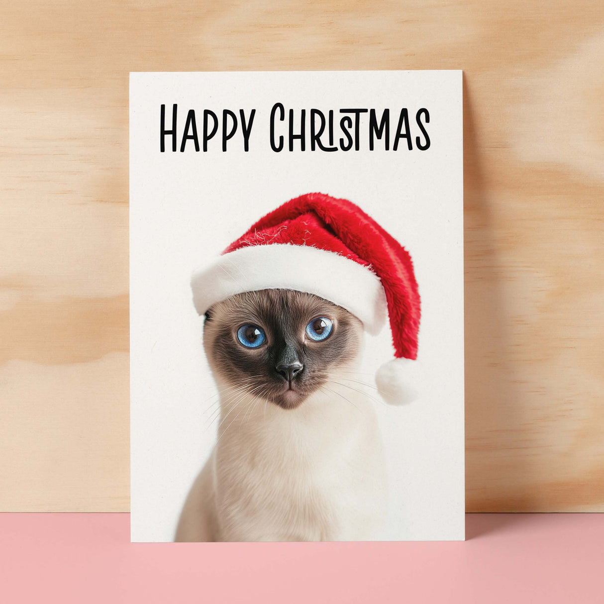 Fun Christmas Card of a Siamese Cat Wearing A Santa Hat Whimsical Christmas Card For Animal Lover For Him or Her