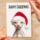 Fun Christmas Card of a Sphynx Cat Wearing A Santa Hat Whimsical Christmas Card For Animal Lover For Him or Her