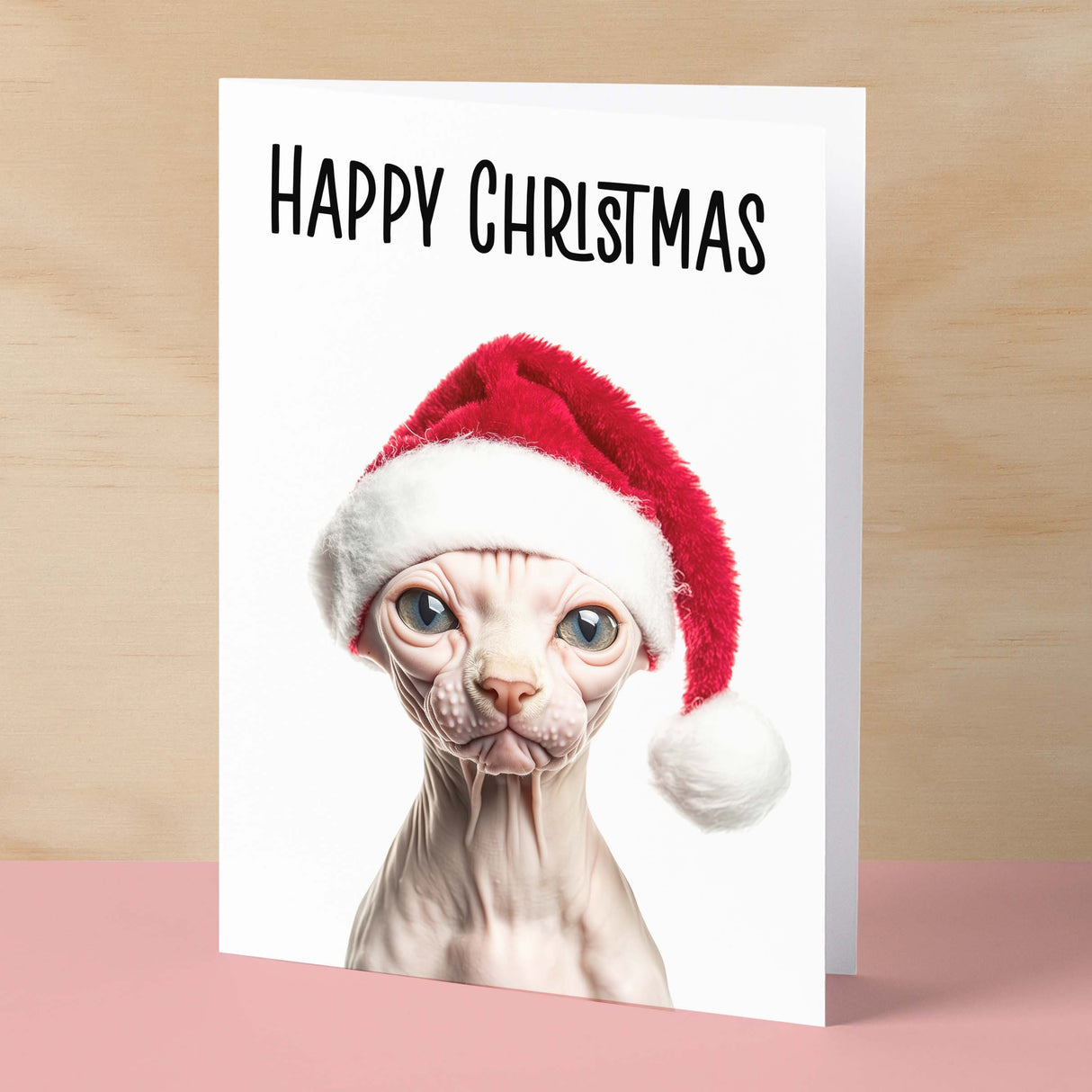 Fun Christmas Card of a Sphynx Cat Wearing A Santa Hat Whimsical Christmas Card For Animal Lover For Him or Her